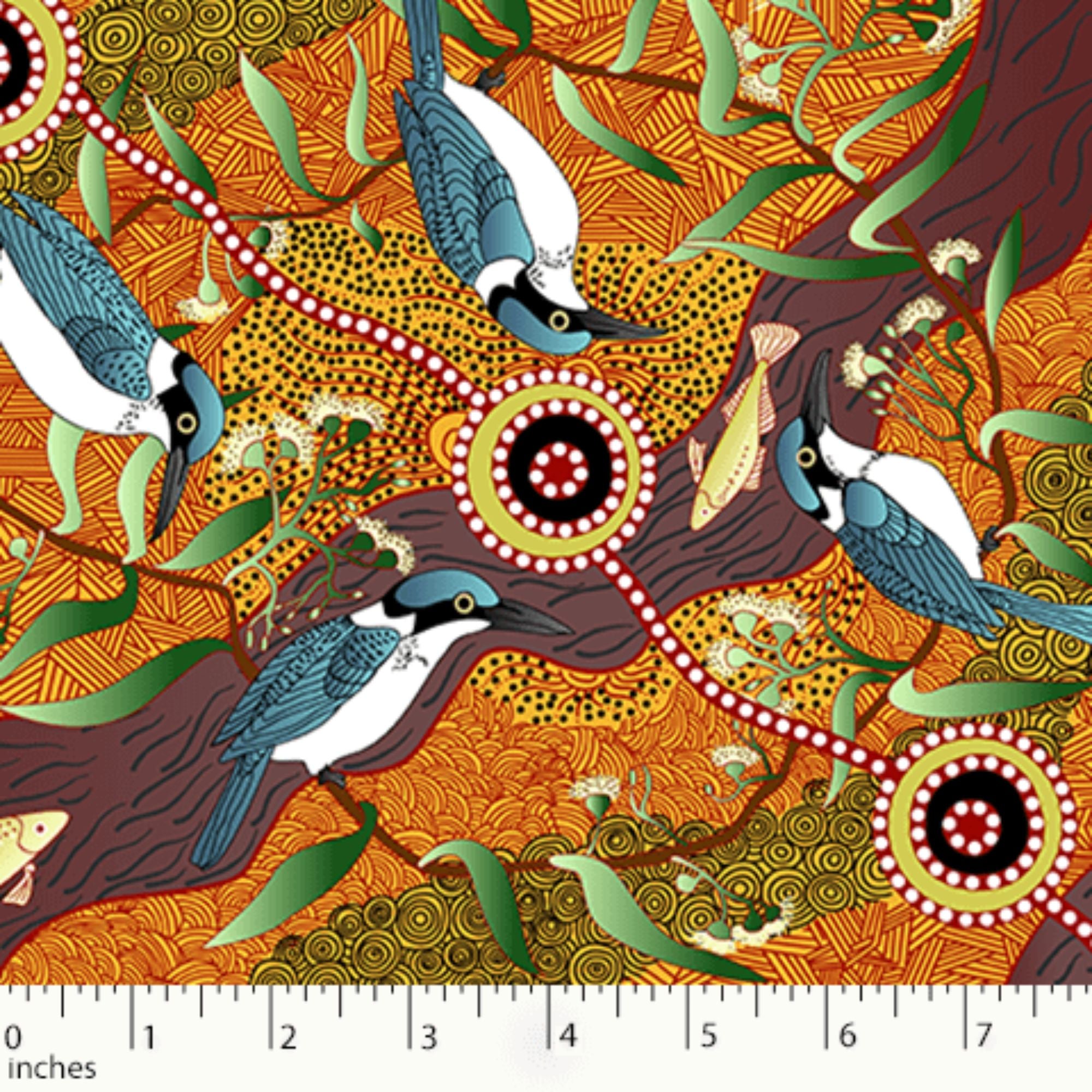 Aboriginal Design: Kingfisher Camp by River in Yellow by Nambooka