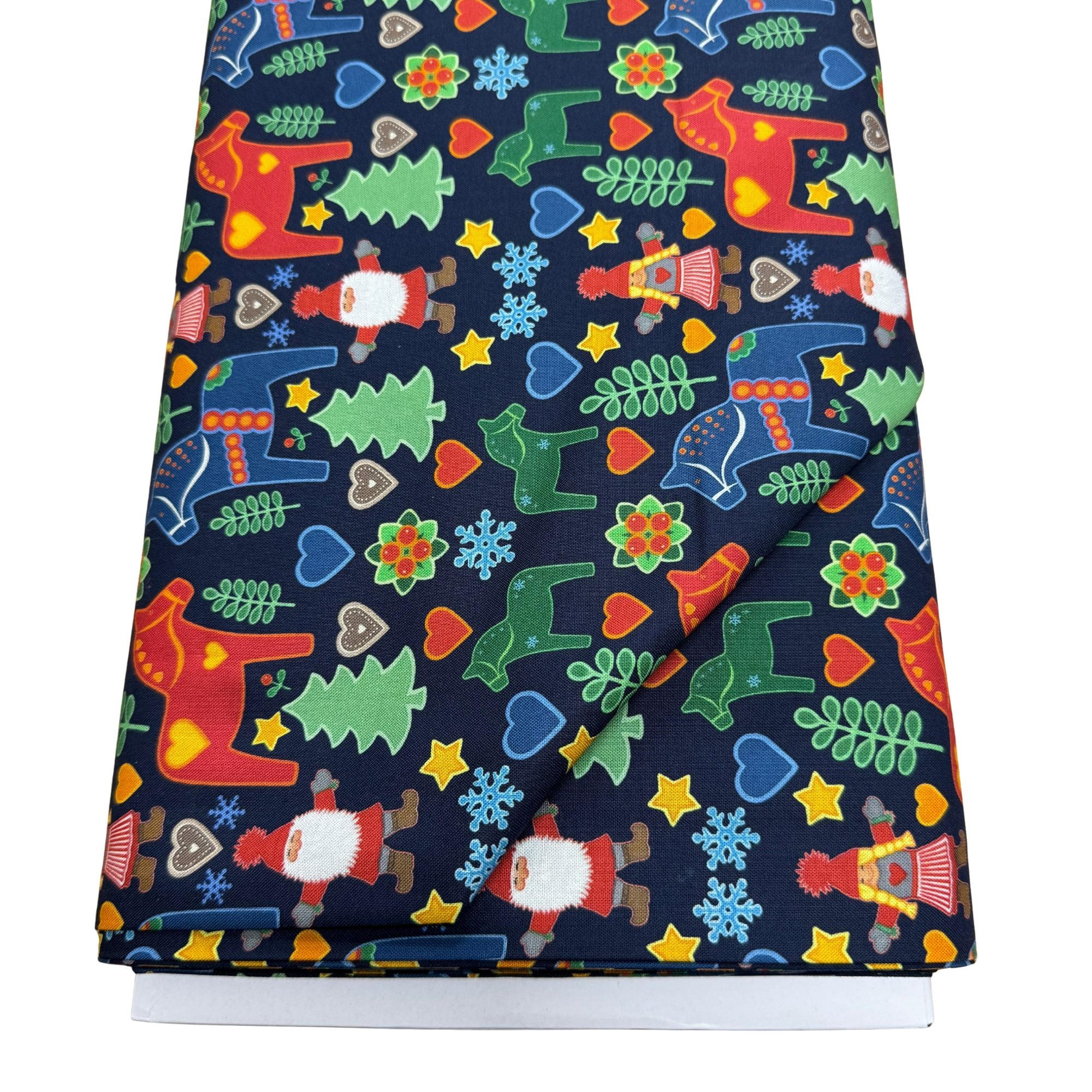 Tomten's Folklore Christmas - Tomtens and Christmas horses on dark blue CE47