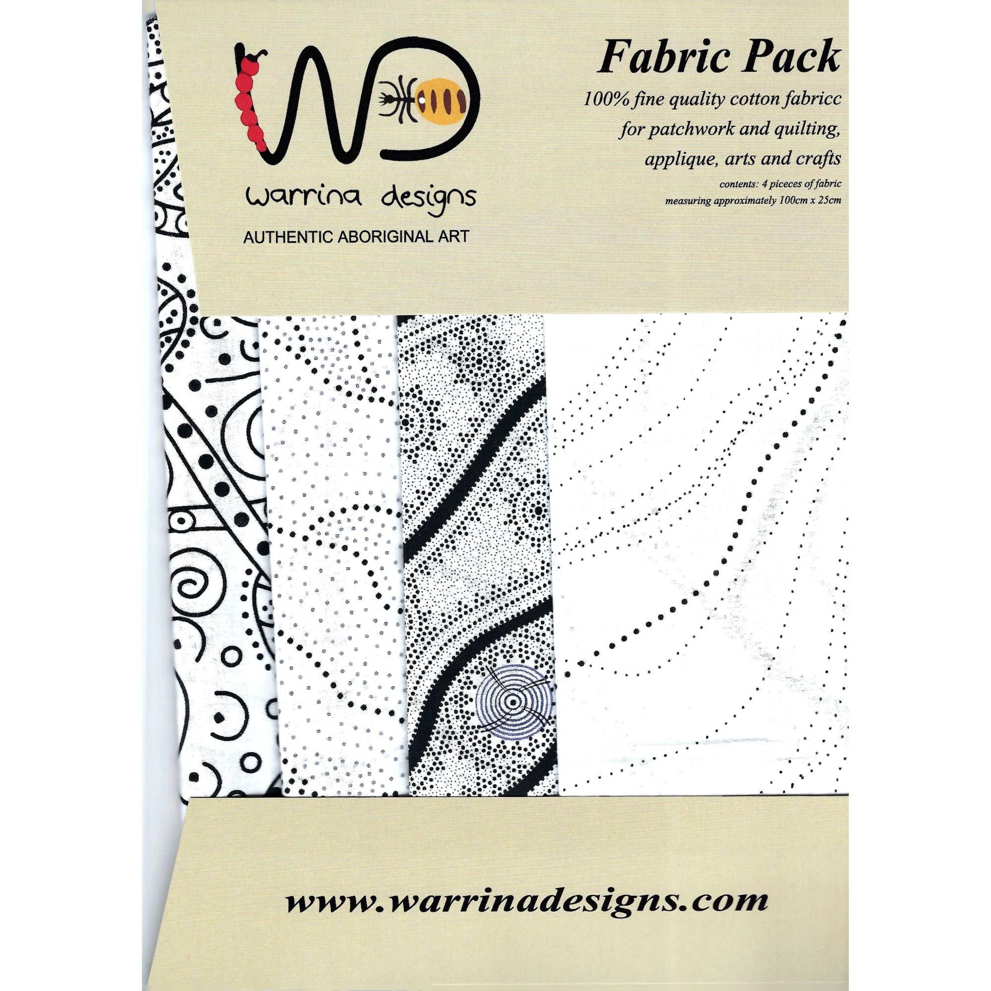 Fabric Pack: Aboriginal Designs in White 4 x 25cm pcs