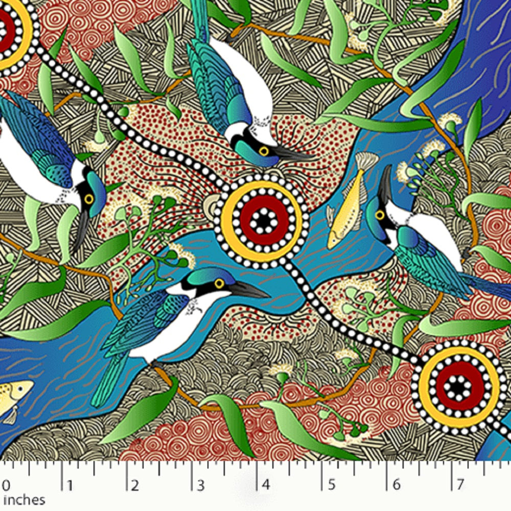 Aboriginal Design: Kingfisher Camp by River in Ecru by Nambooka