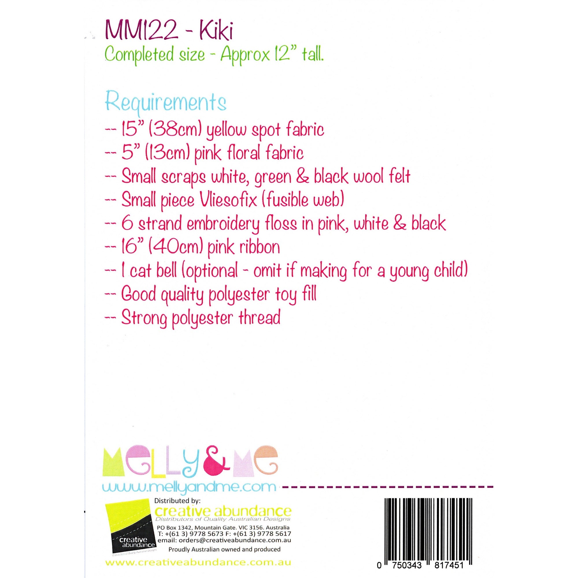 Melly and Me Soft Toy Pattern: Kiki