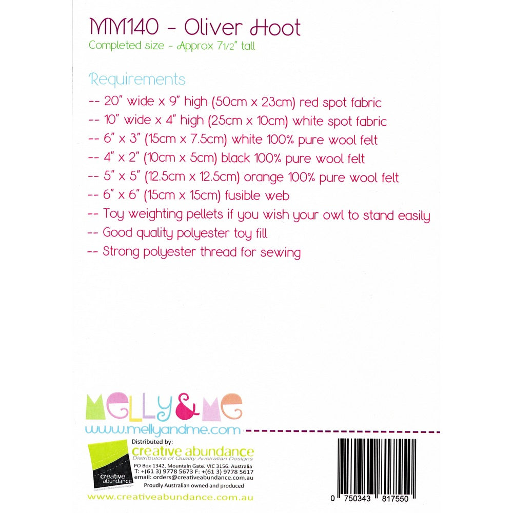 Melly and Me Soft Toy Pattern: Oliver Hoot