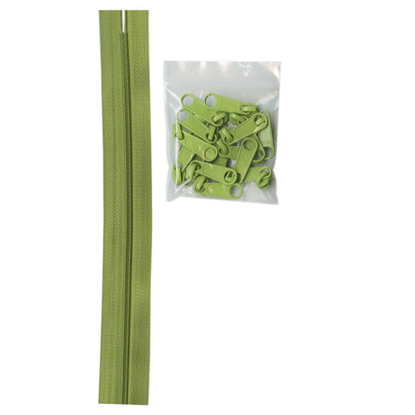 ByAnnie: Zipper by the Yard - 4 yards 16mm + 16 Extra Large Coordinated Pulls Apple Green