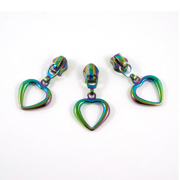 #5 Emmaline Slider with Hollow Heart Dangle Pull 10 Pack Rainbow