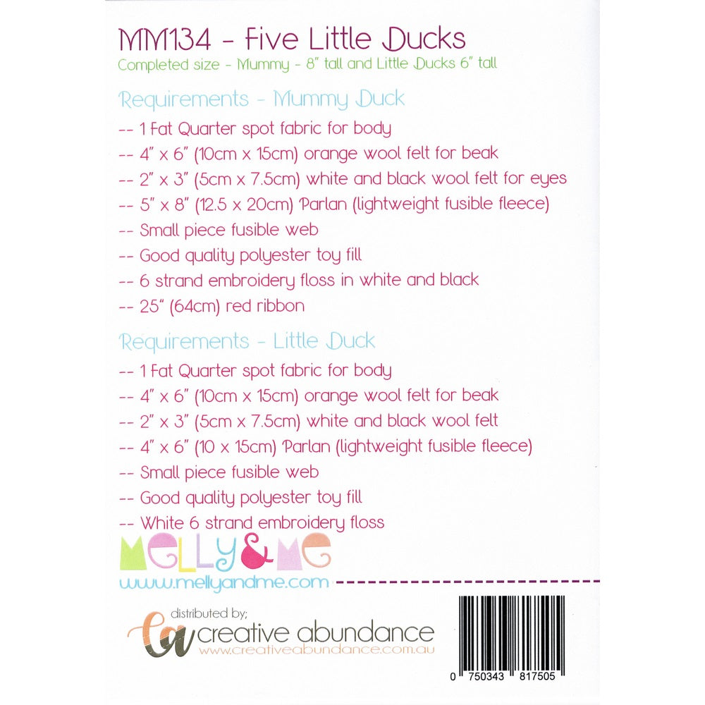 Melly and Me Soft Toy Pattern: Five Little Ducks