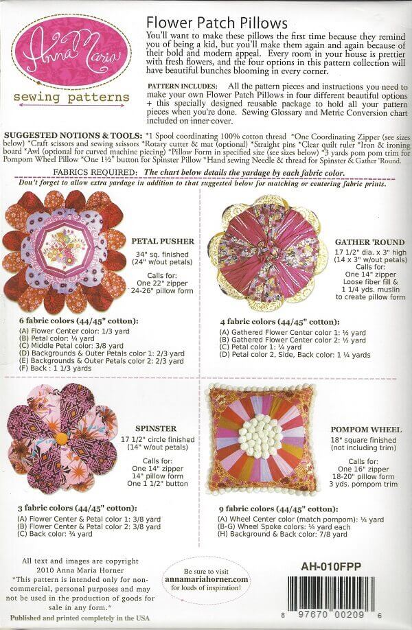 Flower Patch Pillows Material List