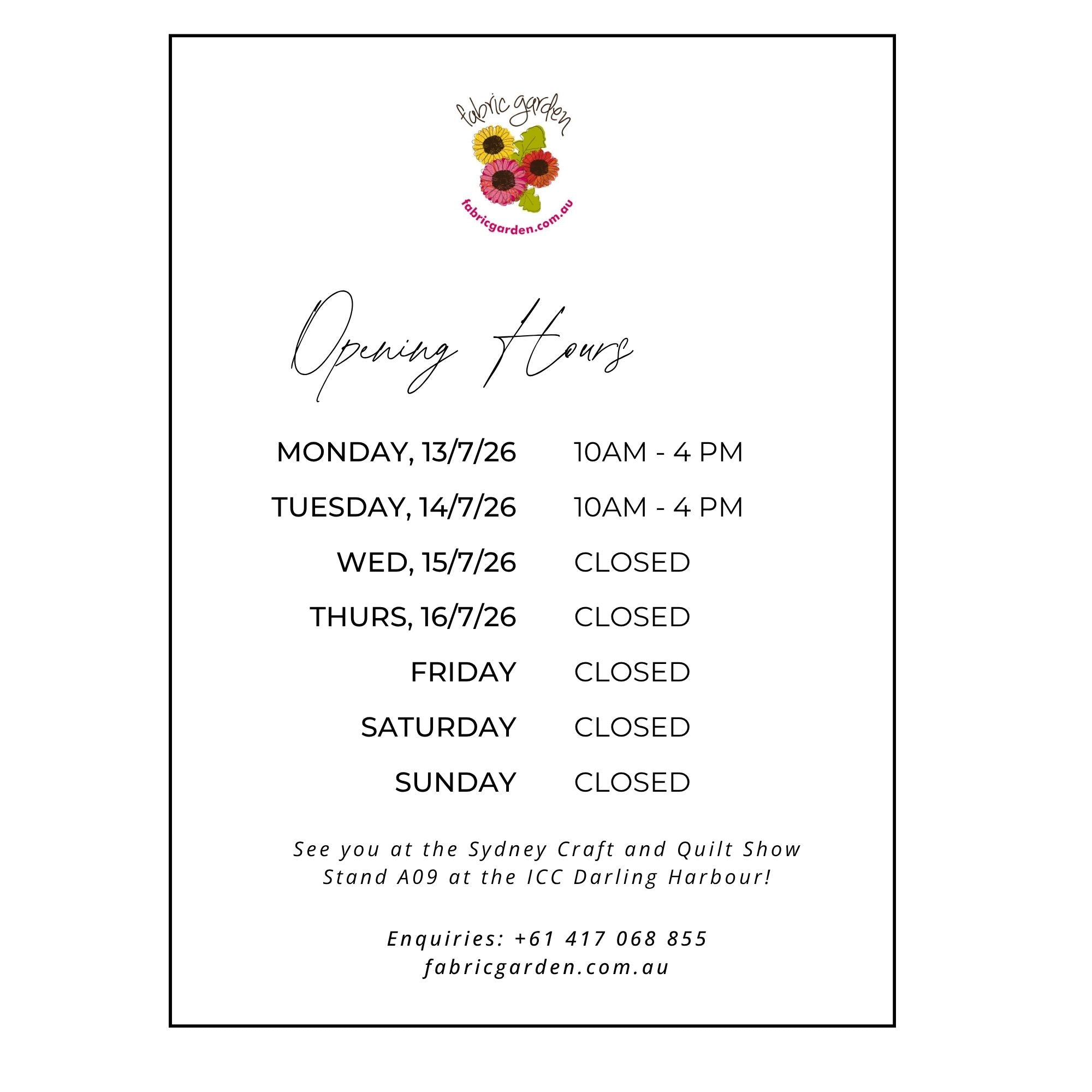 2026 July 15th - 18th Business Opening Hours