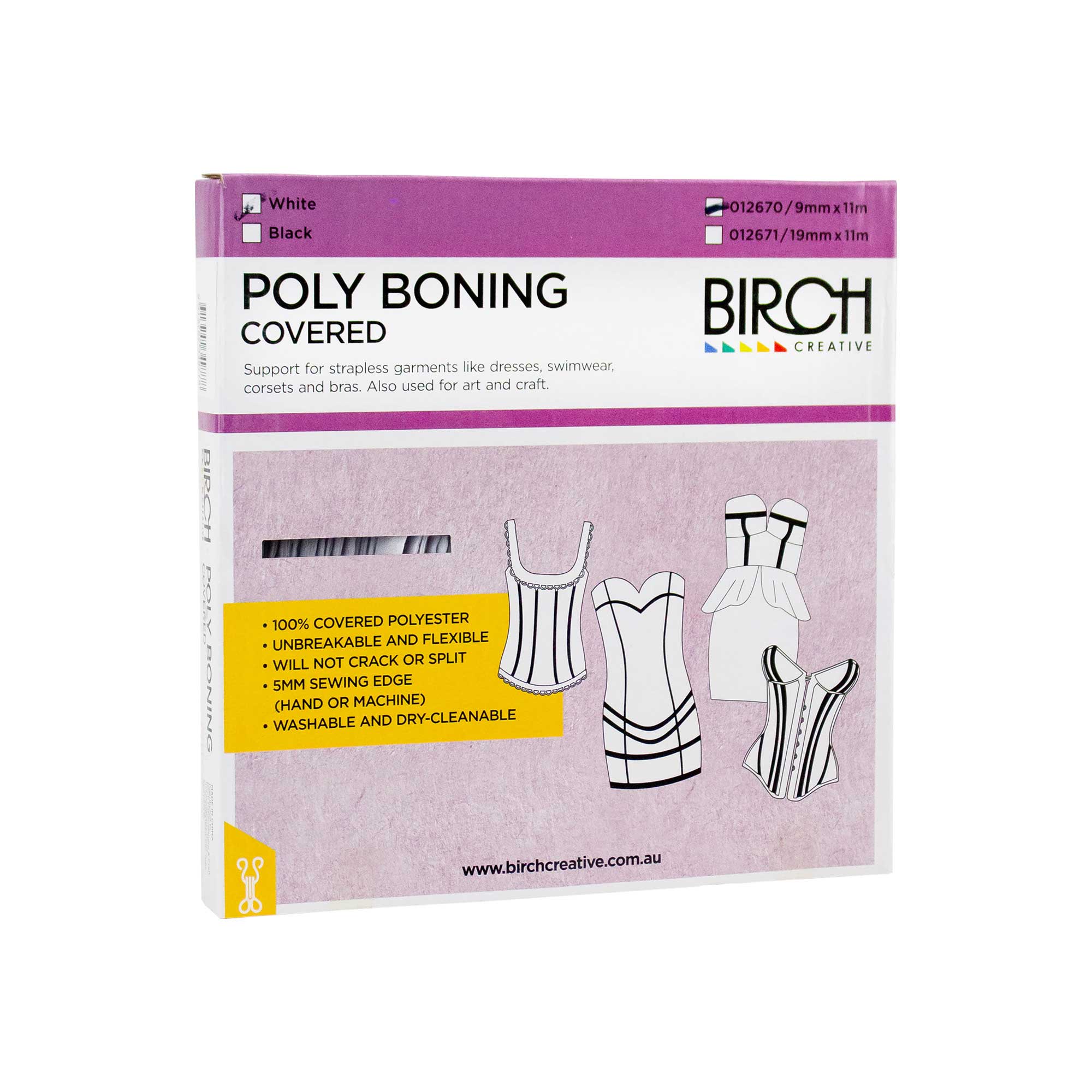 Birch Boning Covered Polyester 9mm x 11 metres WHITE