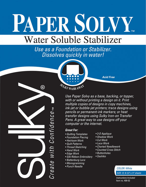 Sulky Paper Solvy Water Soluble 8.5in x 11in 12 ct