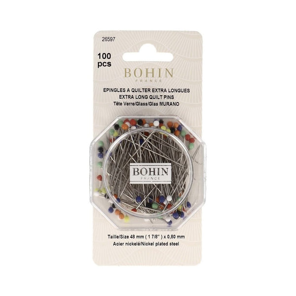 Bohin Glass Head Pins Extra Long 48mm x 0.8mm Assorted Colours 100 pcs