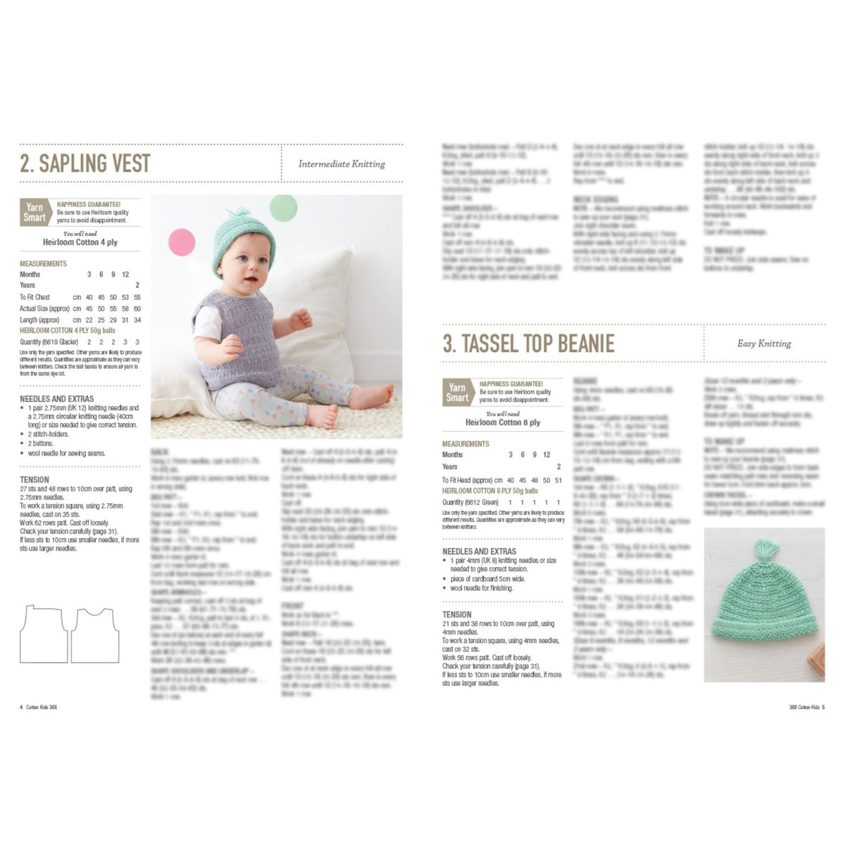 Heirloom: Cotton Kids Knitting Patterns 366 Sapling Vest and Tassel Top Beanie