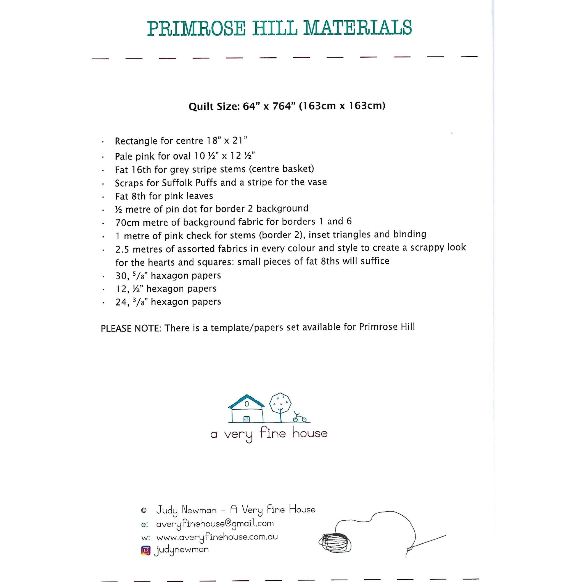 Judy Newman Quilt Pattern Primrose Hill Materials List
