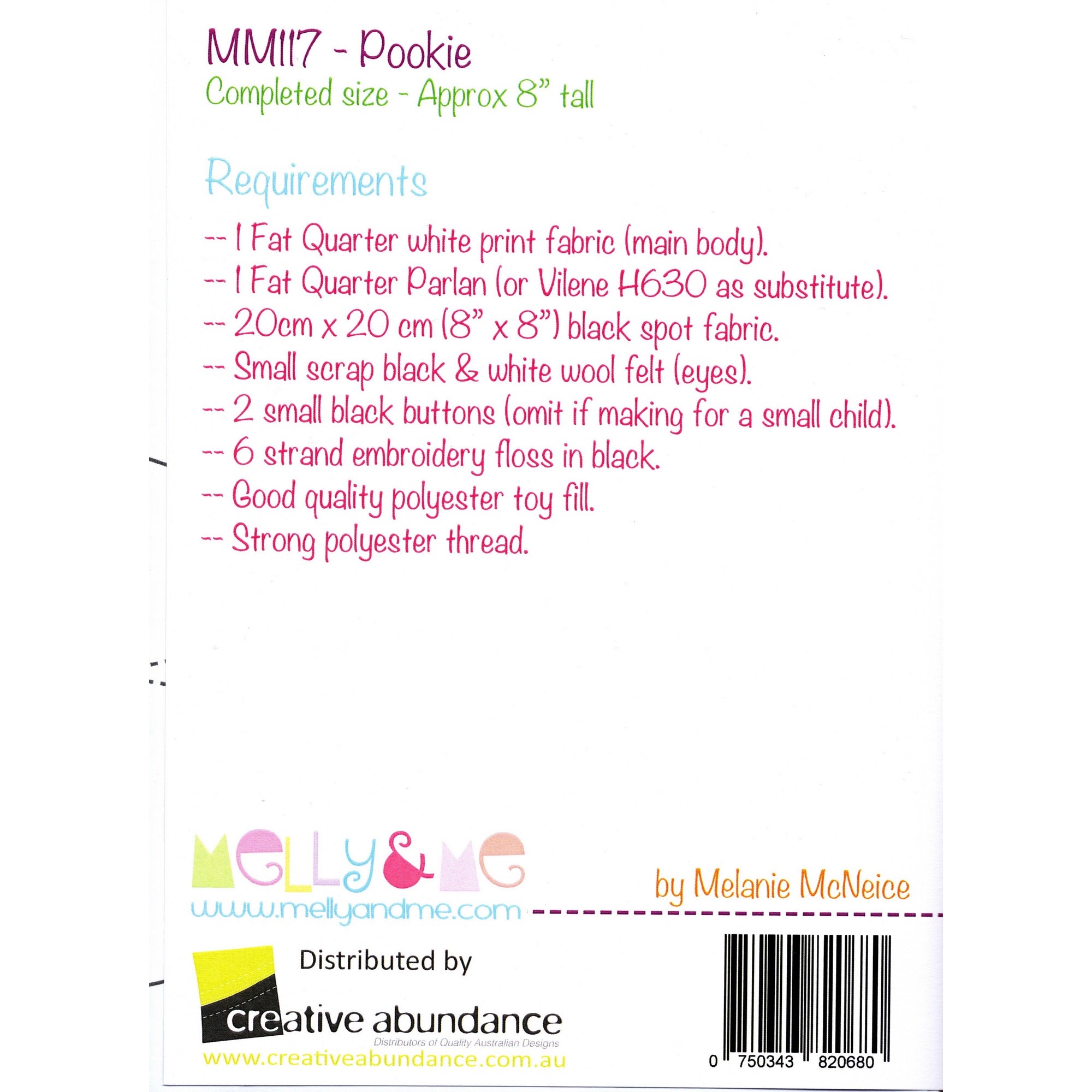 Melly and Me Soft Toy Pattern: Pookie the Panda Materials List