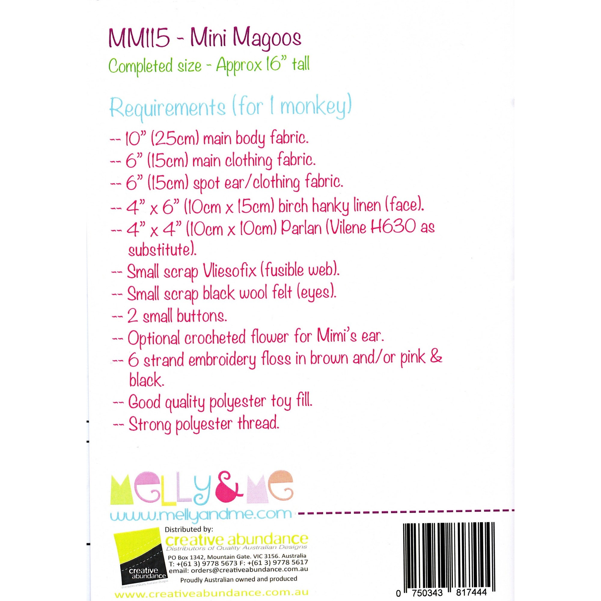 Melly and Me Soft Toy Pattern: Mini Magoos