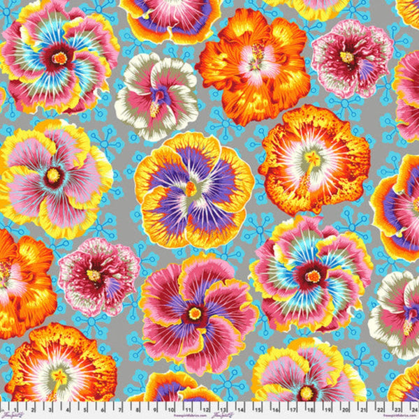 Philip Jacobs Floating Hibiscus in Grey quilting fabric from the Kaffe Fassett 2023 August collection.
