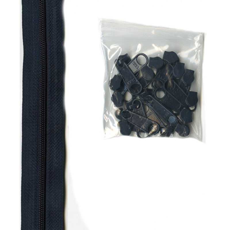 ByAnnie: Zipper by the Yard - 4 yards 16mm + 16 Extra Large Coordinated Pulls Navy
