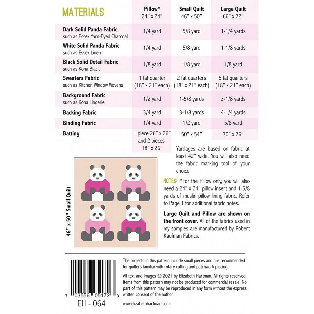 Elizabeth Hartman Quilt Pattern: Pandas in Sweaters