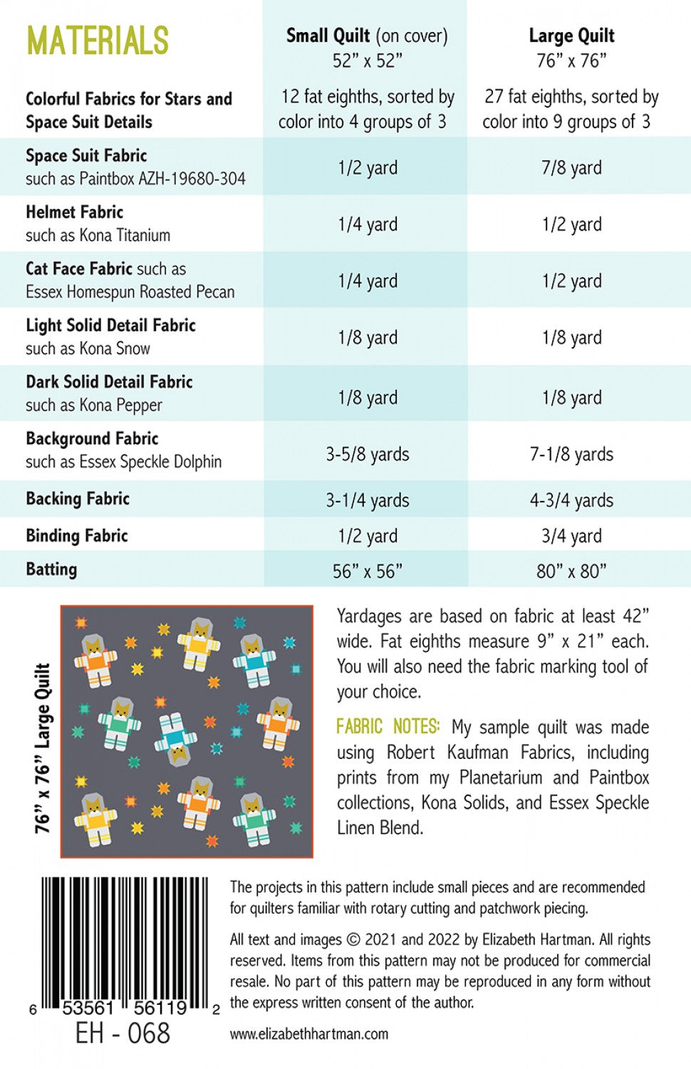 Elizabeth Hartman Quilt Pattern: Cats in Space