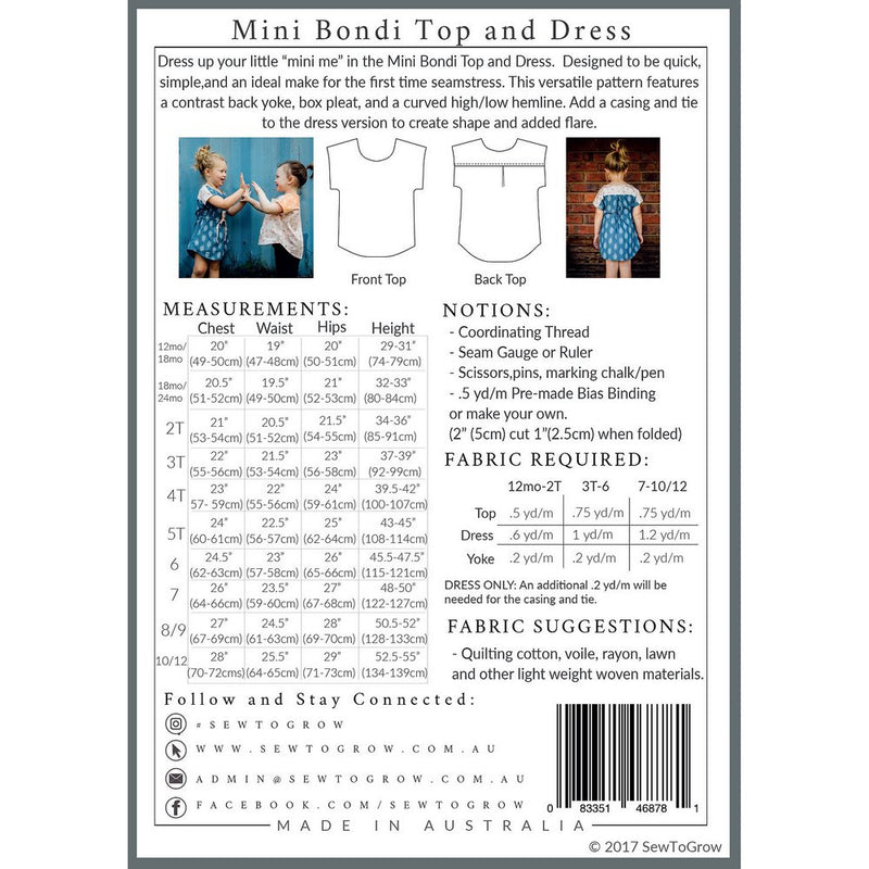 Sew to Grow Pattern: Mini Bondi Top Ages 1 - 12 years