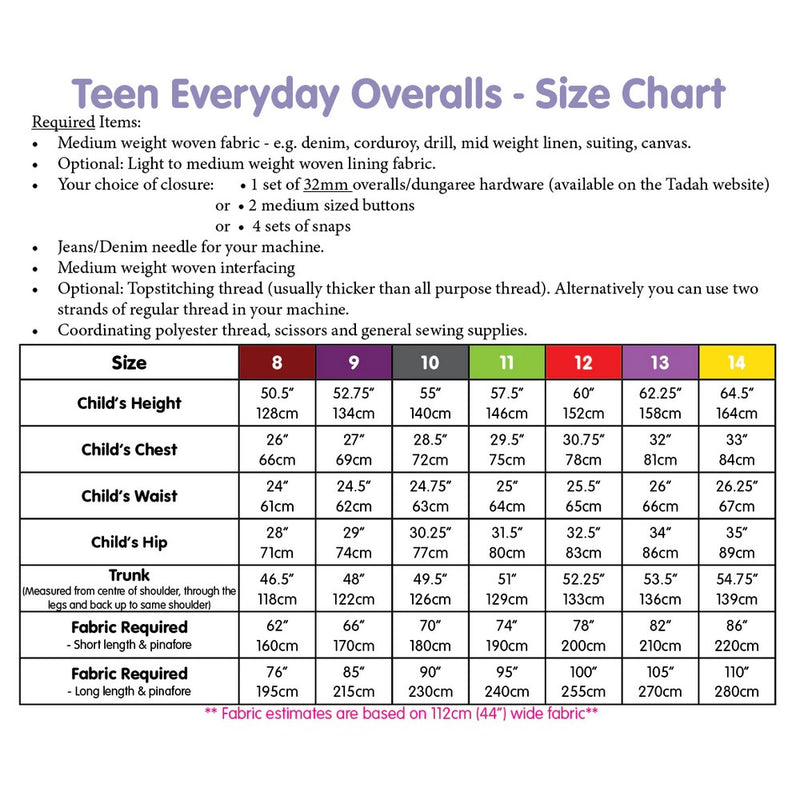 Tadeh Pattern: Teen Everyday Overall Ages 8 - 14 years