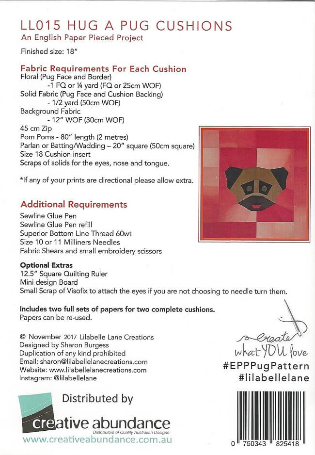 Lilabelle Lane Creations - Hug a Pug Cushion EPP